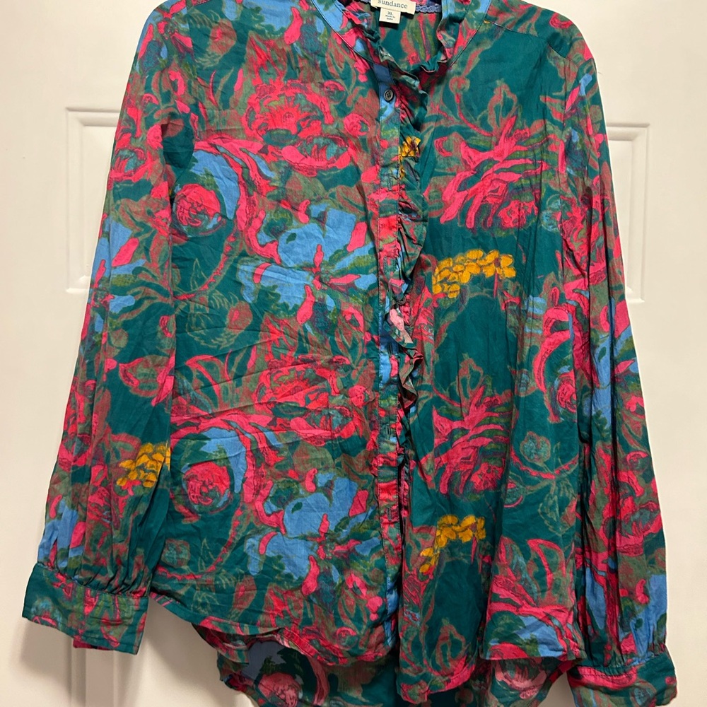 Maeve Teal Floral Ruffle-Front Blouse with Pink & Blue Accents